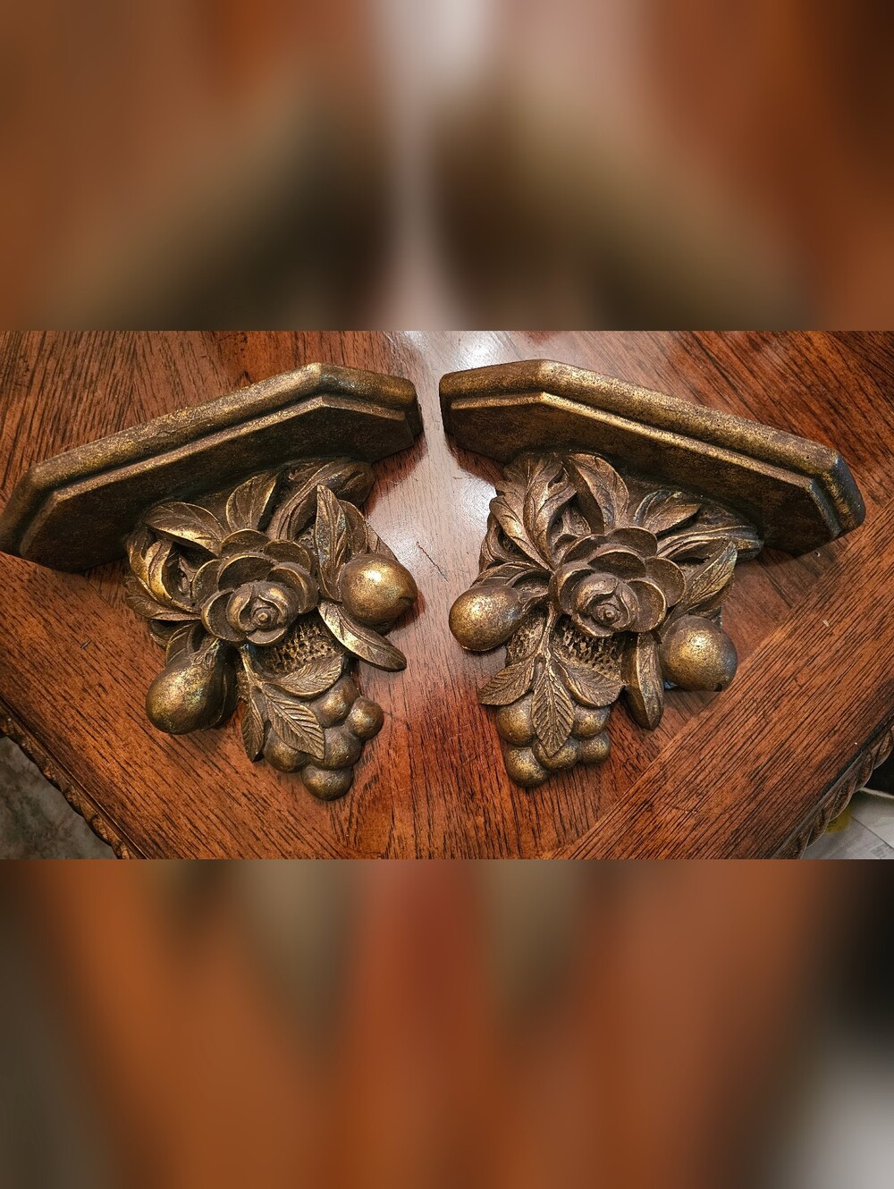 Decorative Antique Gold Floral Wall Shelves - Pair